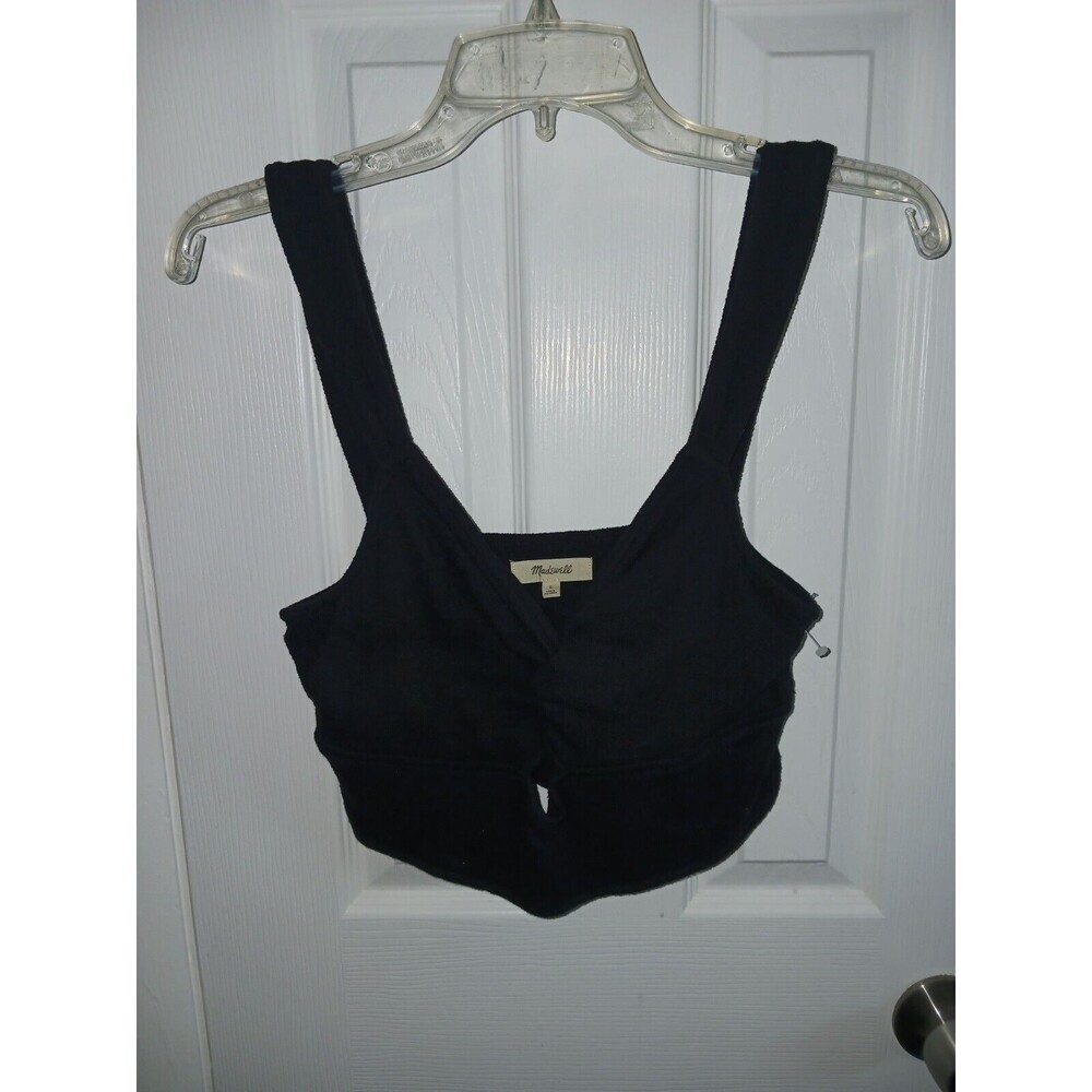 MADEWELL Women's Crop Tank Top Large Black Cutout Knot-Front Cotton‎ NJ776 Sp23